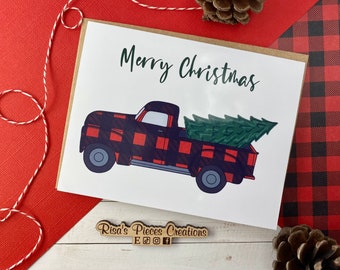 Glossy Red Plaid Truck, Christmas Card, Holiday Greeting, Seasonal Cards, Merry Christmas, Christmas Tree, Buffalo plaid