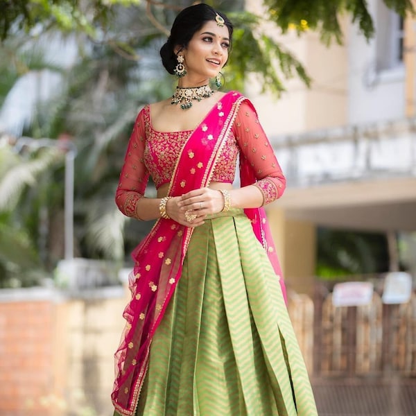 Beautiful  Lehenga SAREE Kanjiveram Silk Pure zari half saree with blouse along with Duppta Lehengas set For women's