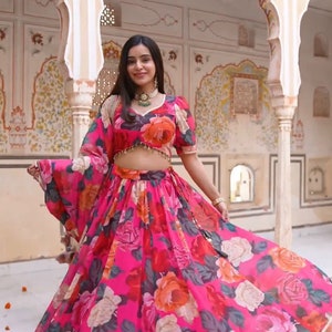 Designer Bollywood latest  Lehenga Georgette Printed with Lace work Lehenga choli dress