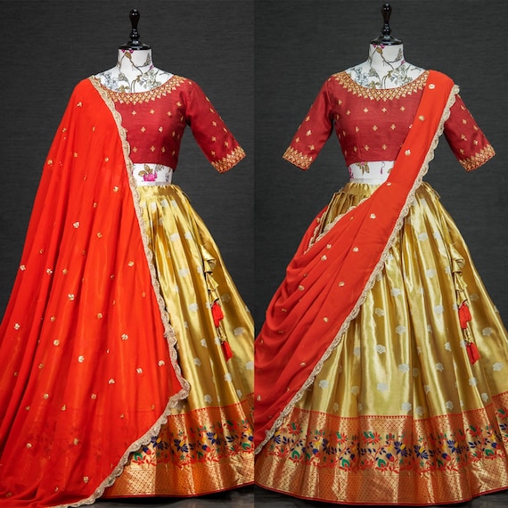 Beautiful Lehengas Make Your Look Fantastic Golden Color Lehenga Made of  Silk Material Embellished With Zari Weaving Work Choli 