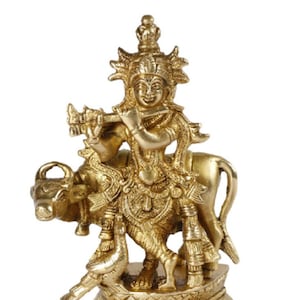 Brass Metal Bhagwan Shree Krishna Ji with Kamdhenu Idol for Diwali Pooja / Home Temple (5 inches High) FREE Shipping across the GLOBE