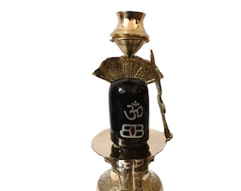 Brass and Black Stone Shivling Complete Set of 1 (5.5 Inches) FREE Express Shipping across the GLOBE
