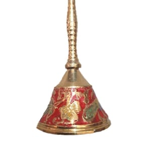Brass Pooja Ghanti/Religious Hand Bell 11 CM High with Colored Engraved Design FREE Shipping across the GLOBE
