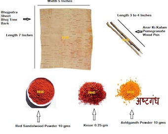 Pooja Yantra Lekhan-schrijfset Bhojpatra, Anar Kalam, Ashtgandh, Kesar, Lal Chandan-poeder (set van 5 items) Navratri gratis verzending wereldwijd