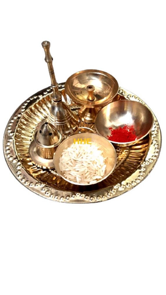 Brass Pooja Bhog Thali Set Small Size - 4 inches (set of 5 pooja