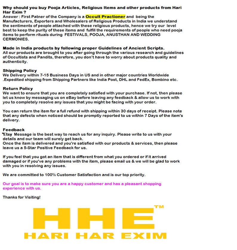 May include: A yellow and black text graphic with the words "HHE" and "HARI HAR EXIM" in a bold, sans-serif font. The text is centred on a white background. The text graphic is a logo for a company that sells religious items and other products.