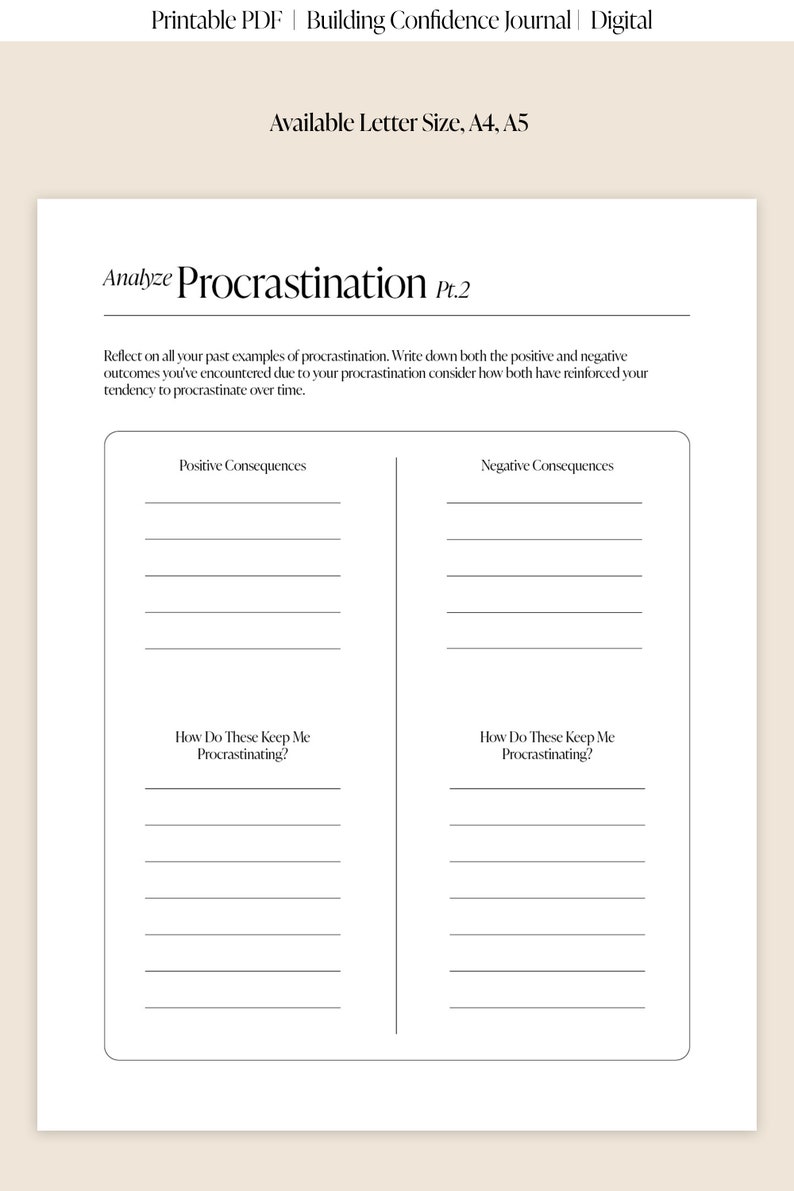 Printable Procrastination Worksheet, Digital Therapy Journal, Action Plan,