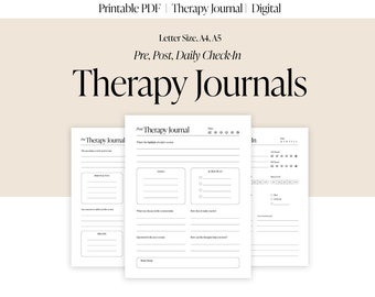 May include: Three printable therapy journal pages with black text on a white background. The pages are titled "Pre-Therapy Journal", "Post-Therapy Journal", and "Daily Check-In".