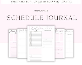 Puede incluir: Un planificador digital imprimible con un esquema de color rosa y blanco. El planificador incluye secciones para la planificación semanal, diaria y anual. El texto "The Ultimate Schedule Journal" está en la parte superior de la página.