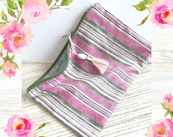 Pink & Mint Striped Boho Clutch | Stylish Boho Clutch, Striped Clutch Handbag, Fun Pattern Handbag, Floral Lined Handbag, Zipper Clutch