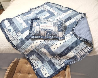 Blue Patchwork Country Chic Quilt | Handmade Quilt, High Quality Cotton Fabric, Blue Pattern Patchwork Quilt for Children Bedroom or Nursery