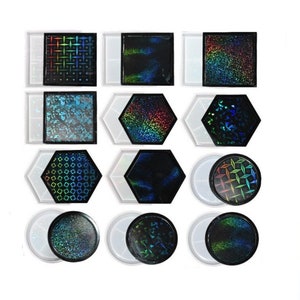 May include: A set of 12 resin casting moulds for creating coasters. The moulds are in various shapes, including square, hexagon, and round. The moulds are made of clear silicone and are designed to create coasters with a variety of patterns and designs.