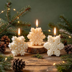 May include: Three off-white snowflake-shaped candles with lit wicks. The center candle sits on a small circular wooden slice. The candles feature intricate embossed snowflake patterns and are arranged on a rustic wooden surface with pine branches.