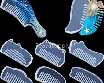 May include: Set of seven clear silicone molds for making resin combs. The molds are shaped like combs with different designs, including a curved comb, a straight comb, and a comb with a cat-shaped handle. The molds are perfect for creating unique and personalized jewelry or accessories.