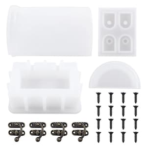 May include: A set of white silicone molds for making a small wooden box. The set includes molds for the box's body, lid, and hinges. The set also includes four antique-style brass clasps and 20 black screws.