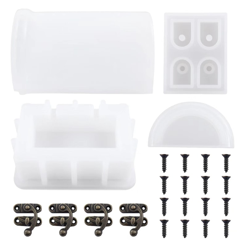 May include: A set of white silicone molds for making a small wooden box. The set includes molds for the box's body, lid, and hinges. The set also includes four antique-style brass clasps and 20 black screws.