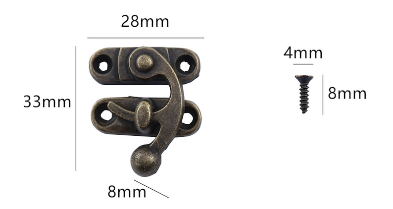 May include: Antique brass latch with a 3.3 inch by 2.8 inch rectangular shape and a 0.8 inch diameter knob. The latch has a 0.8 inch long screw.