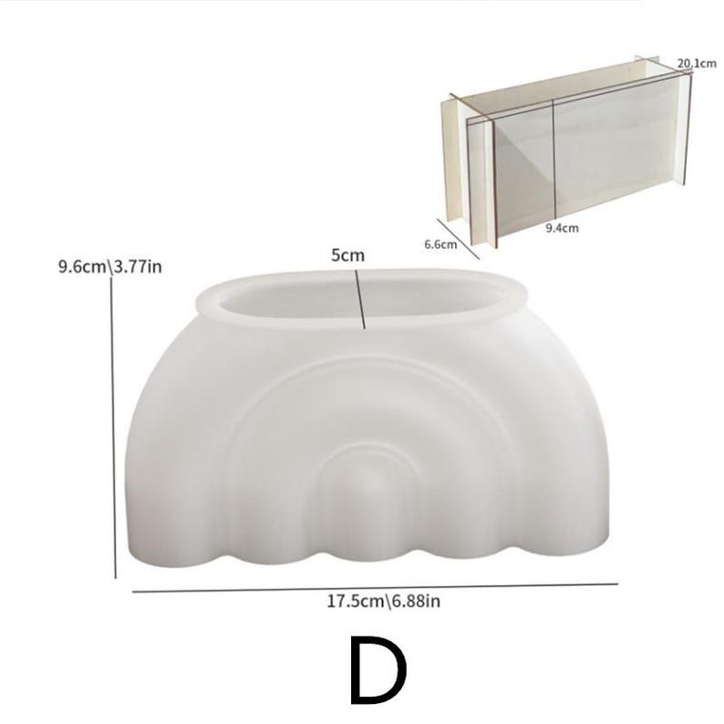 May include: A white silicone mold in a rainbow shape, with dimensions labeled in inches and centimeters. The mold is 6.88 inches wide, 3.77 inches high, and 1.97 inches deep. An additional rectangular mold is also shown.