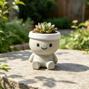 May include: A light beige speckled ceramic planter shaped like a small seated figure with a smooth white rim. The planter features two black circular eyes and a simple black curved line for a mouth, containing a green succulent plant.