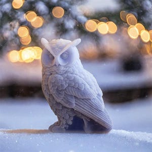 Pode incluir: Uma figura de coruja de cerâmica branca com penas detalhadas, sentada em uma superfície nevada com um fundo desfocado de luzes brilhantes.