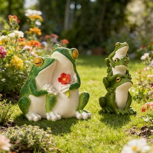 May include: Two green and white frog statues, one holding a red flower, the other embracing it. A stack of three green frog statues is nearby. The statues are on a grassy lawn with colorful flowers in the background.