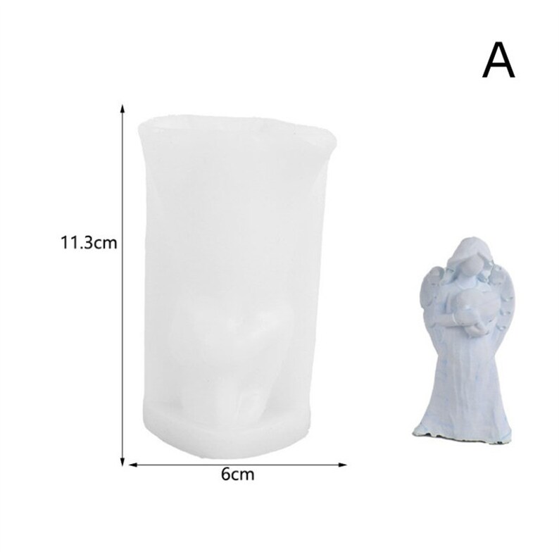 May include: A white silicone mould for making a small angel figurine. The mould is 11.3 cm tall and 6 cm wide. The angel figurine is shown in blue.