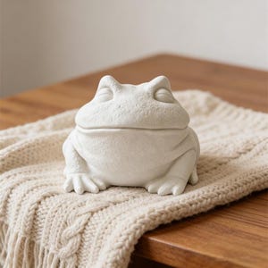 Puede incluir: Un recipiente blanco de cerámica con forma de rana con tapa, apoyado sobre una manta de punto color crema. La rana tiene los ojos cerrados y una textura detallada. El recipiente está sobre una superficie de madera.
