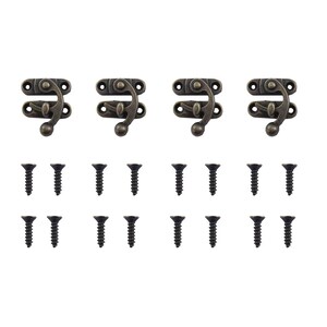 May include: Four antique brass-toned cabinet clasps with a spring-loaded latch and a small knob. Each clasp comes with two screws for installation.