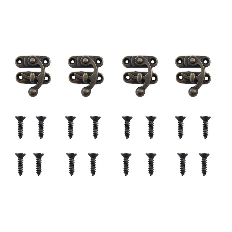 May include: Four antique brass-toned cabinet clasps with a spring-loaded latch and a small knob. Each clasp comes with two screws for installation.