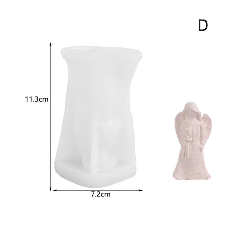 May include: White silicone mould for making a small angel figurine. The mould is 11.3 cm tall and 7.2 cm wide. The mould is shown with a finished angel figurine.