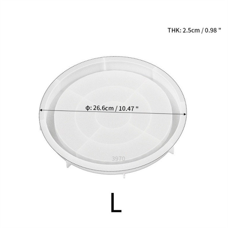 May include: White silicone mold for resin crafts. The mold is shaped like a round plate with a diameter of 10.47 inches and a thickness of 0.98 inches. The mold has a number "3970" printed on it.