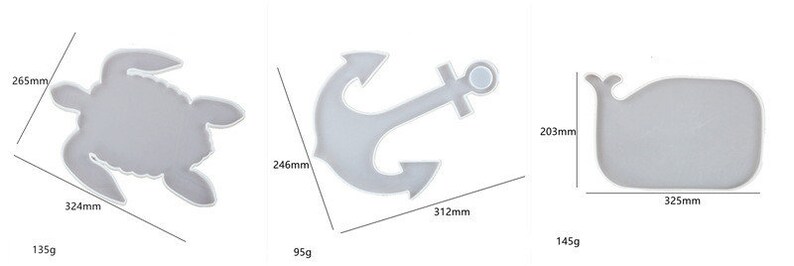 May include: Three silicone molds for resin casting, shaped like a turtle, anchor, and whale. The molds are gray and measure approximately 324mm x 265mm, 312mm x 246mm, and 325mm x 203mm.