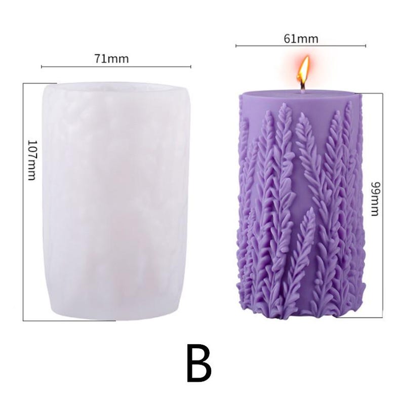 May include: A white, cylindrical candle mold next to a lit, lavender-colored candle. The candle has a textured leaf design and measures 99mm high and 61mm in diameter. The mold is 107mm high and 71mm in diameter. The letter "B" is at the bottom.