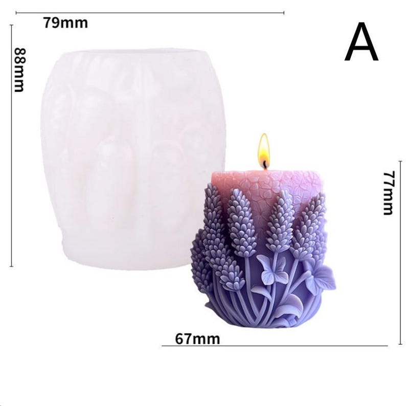 May include: A lavender-scented candle with a floral design, measuring approximately 3 inches in diameter and 3 inches tall, next to a clear silicone mold. The candle features a detailed relief of lavender sprigs and leaves. The candle is lit with a small flame.