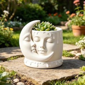 May include: A white ceramic planter with a crescent moon and a face design. The planter holds a green succulent plant. The design features a face with closed eyes and a moon embracing the face. The planter is sitting on a stone surface.