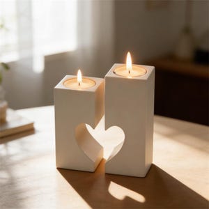 Puede incluir: Dos candelabros blancos con recortes en forma de corazón, cada uno con una vela encendida. Los candelabros rectangulares están sobre una superficie de madera, creando un ambiente cálido.