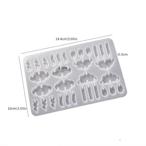 May include: A clear silicone mould for making earrings. The mould has 20 different shapes, including clouds, lightning bolts, and teardrops. The mould measures 14.4 cm by 10 cm.