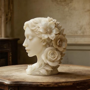 Könnte beinhalten: Eine cremefarbene Skulptur des Profils einer Frau, verziert mit geschnitzten Blumen. Zu den Blumen gehören Rosen und andere Blüten, die einen Blumenkranz bilden. Die Skulptur steht auf einem Holztisch.
