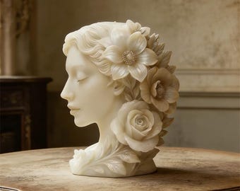 Elegant Woman Candle Mold, Sculptural Floral Goddess Bust Aesthetic Candle Mold Plaster Mold Concrete Mold