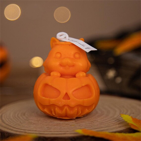 かわいいハロウィンかぼちゃキャンドル型、かぼちゃの上の3D猫シリコン
