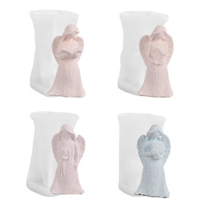 May include: Four silicone moulds for making angel figurines. Each mould is white and features a different angel design. The angels are holding a book, a birdhouse, a bouquet of flowers, and a heart.