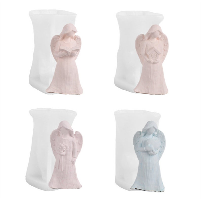 May include: Four silicone moulds for making angel figurines. Each mould is white and features a different angel design. The angels are holding a book, a birdhouse, a bouquet of flowers, and a heart.