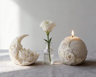 Crescent Moon Flower Candle Mold, Floral Embossed Scented Candle Mold, Aesthetic Romantic Candle Mold