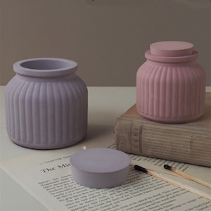 Candle Jar with Lid Silicone Mold, DIY Concrete Striped Planter Pot Mold Home Decoration Moulds