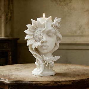 Może przedstawiać: Biała świeca w kształcie kobiecej twarzy, z słonecznikiem i pszczołą jako elementami dekoracyjnymi. Świeca jest zapalona, a design jest szczegółowy, co czyni ją wyjątkowym przedmiotem dekoracyjnym.