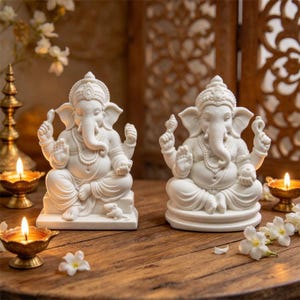 Puede incluir: Dos estatuas blancas de la deidad Ganesha en posición sentada, cada una con cuatro brazos, tocados ornamentados y collares de cuentas. Una estatua se coloca sobre una base rectangular con una pequeña figura de ratón, la otra sobre una base circular.