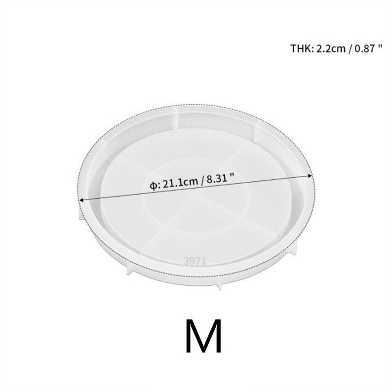May include: White silicone mold for making resin crafts. The mold is round with a diameter of 8.31 inches and a thickness of 0.87 inches. The mold has a number "3971" printed on it and the letter "M" printed below it.