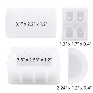 May include: Four clear silicone molds for crafting. The molds are different shapes and sizes. The molds are 3.1 inches by 2.2 inches by 1.2 inches, 3.5 inches by 2.56 inches by 1.2 inches, 1.3 inches by 1.7 inches by 0.4 inches, and 2.24 inches by 1.2 inches by 0.4 inches.