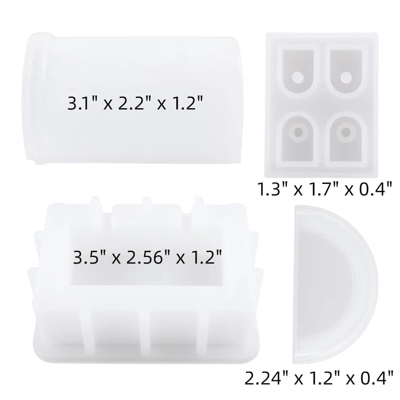 May include: Four clear silicone molds for crafting. The molds are different shapes and sizes. The molds are 3.1 inches by 2.2 inches by 1.2 inches, 3.5 inches by 2.56 inches by 1.2 inches, 1.3 inches by 1.7 inches by 0.4 inches, and 2.24 inches by 1.2 inches by 0.4 inches.