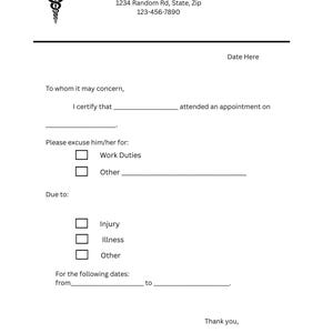 Puede incluir: Un formulario médico blanco con el texto "Random Doc, M.D." en la parte superior, junto con una dirección y un número de teléfono. El formulario incluye secciones para la información del paciente, los detalles de la cita y los motivos de ausencia, como tareas laborales o enfermedad.